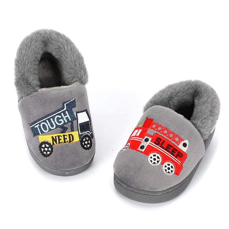 ESTAMICO Boys Girls Warm Slippers Cartoon Truck Kids Winter Indoor Household Shoes, Gray 7-8 Toddler - Image 2